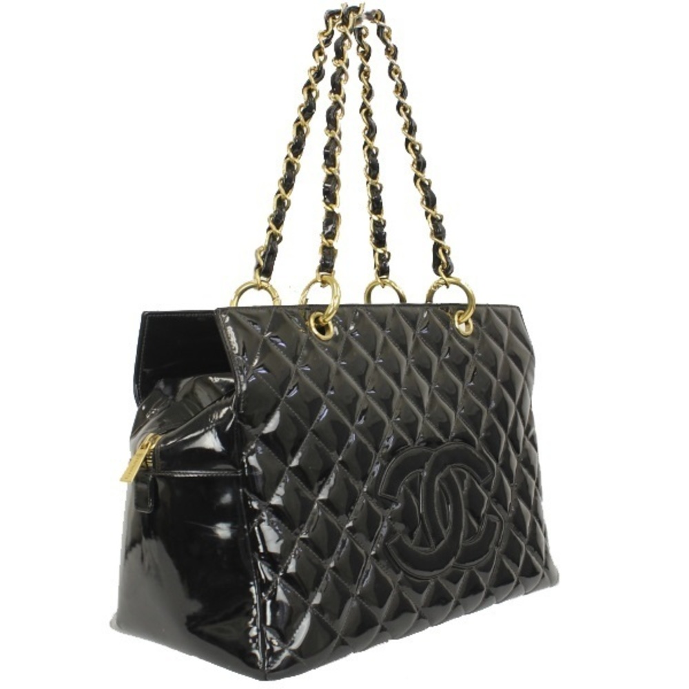 Chanel Chain Tote Bag Enamel Black Matelasse Shoulder Bag